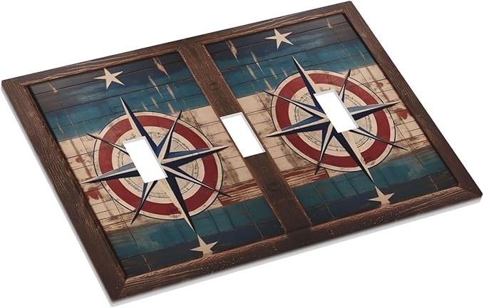 Decorative Art Light Switch Covers Nautical Rustic Star Emblem 3 Gang Triple Toggle Wall Plate Decorative Switch plate Electrical Faceplate for Home Decor