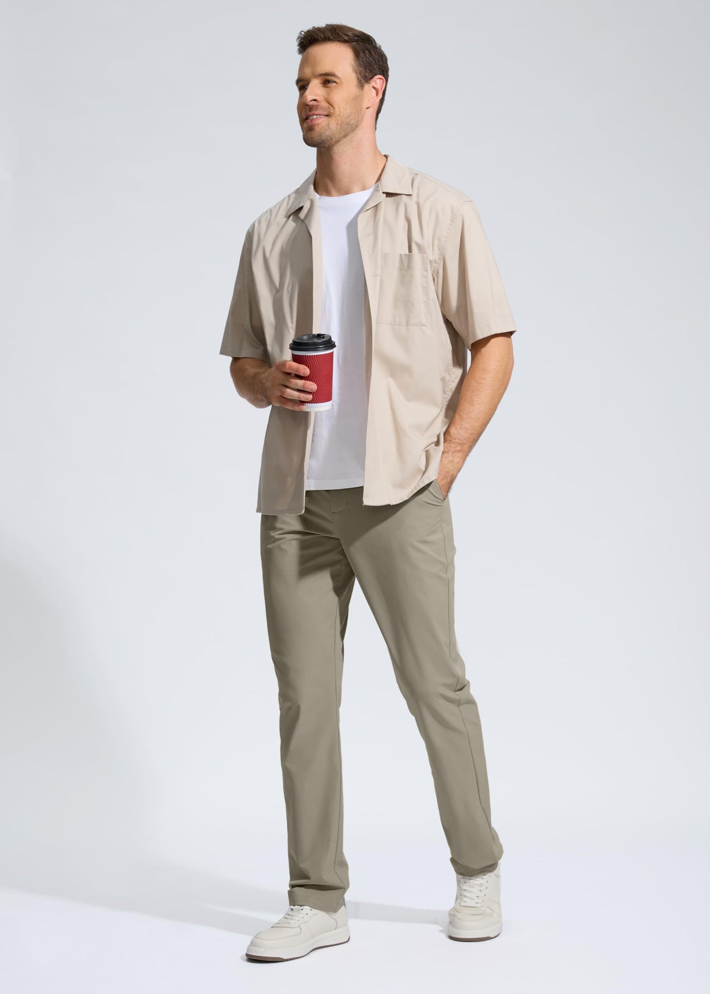 Pudolla Men's Golf Pants Work Dress Comfy Pants Casual Slacks Trousers with Pockets(Stone_Grey 28Wx34L)
