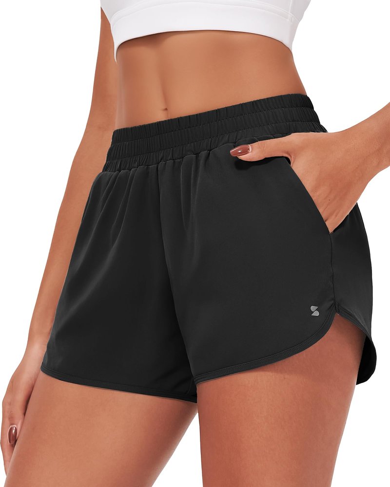 Stelle Womens 3" Running Shorts Mesh Liner High Waisted Workout Shorts Quick Dry Dolphin Athletic Shorts with Pockets