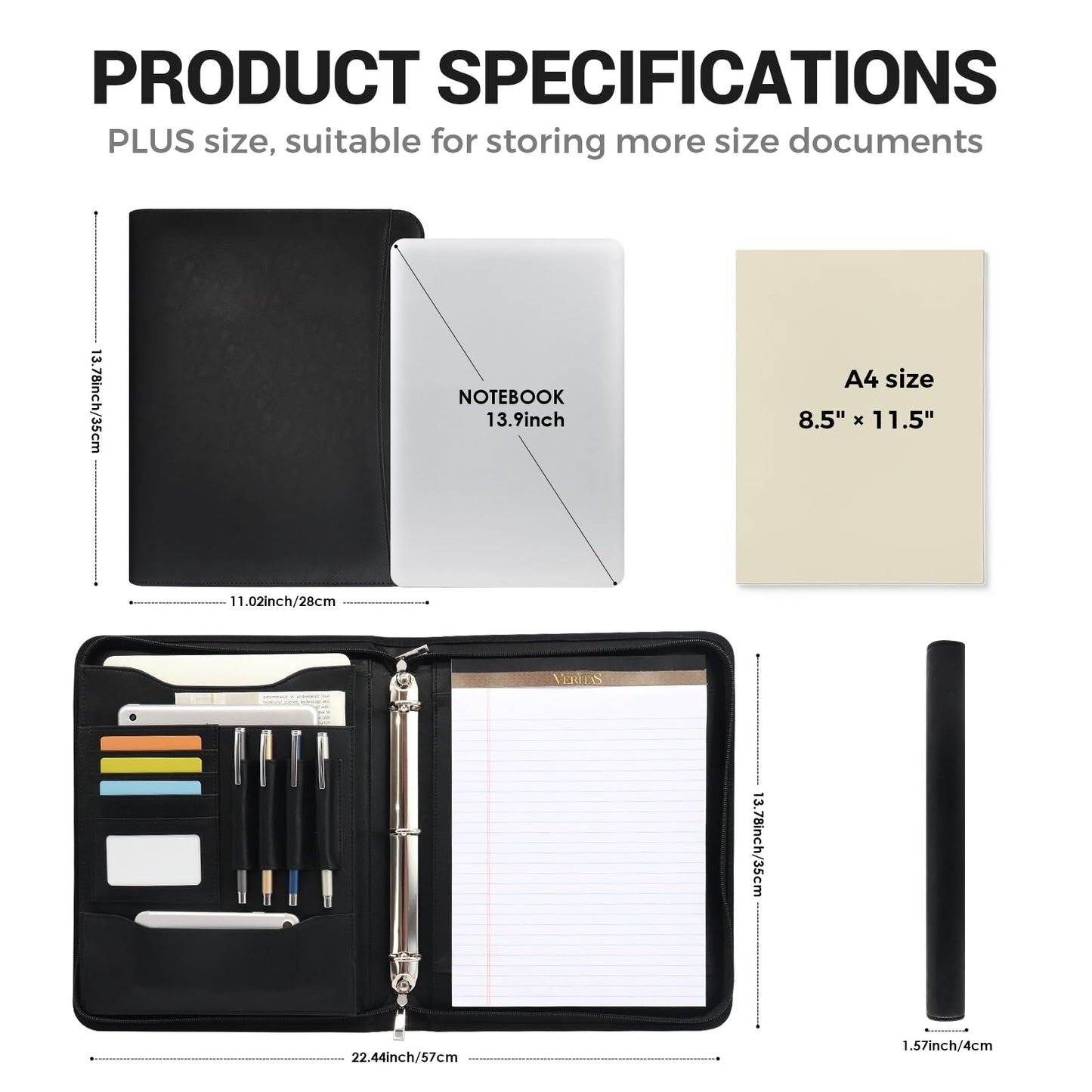 FORTAVEM Faux Leather Zippered Padfolio with 3 Ring Binder, Executive Portfolio Organizer Binder, Fits 13.9" Laptop/Tablet, Refillable Writing Pad Pocket, Black