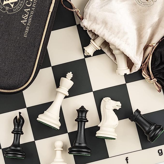 A&ampA Tournament Chess Set/ 20''x20'' Foldable Silicone Chess Board / 3.75'' King Height Plastic Quadruple Weighted Classic Staunton Pieces/Storage Bag for 6 Years Old - 2 Players