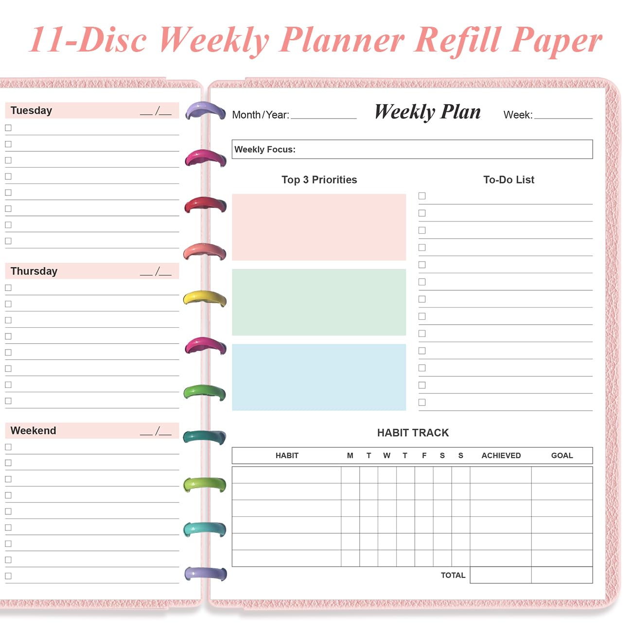 Weekly Planner Undated Refills - Letter Size 53 Sheets/106 Pages Colorful Weekly Planner for 11-Disc Discbound, TUL, 100 gsm White Paper, Lasts 1 Year, Undated, 8.5" x 11"