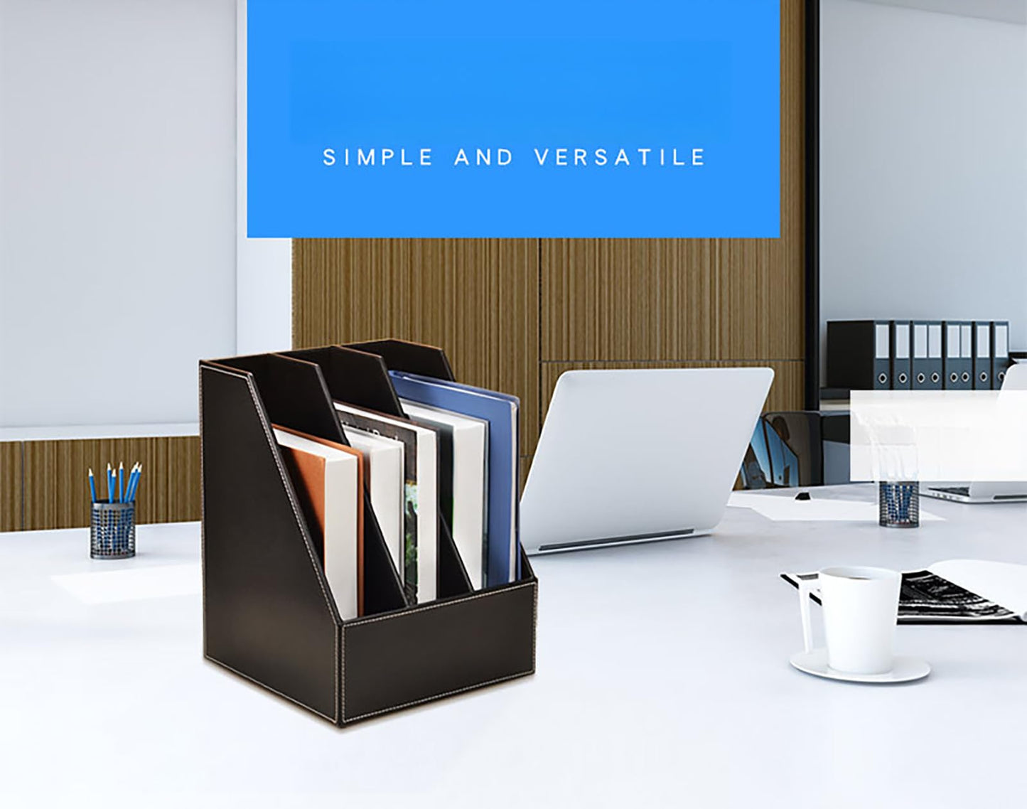 3 Tier Leather Magazine Holder - Vertical File Organizer with PU Leather Cover, Handmade Office Desk Organizer for A4/A3 Documents, Magazines, Books - Black (3 slot)