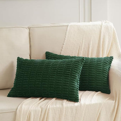 Fancy Homi Boho Dark Green Decorative Throw Pillow Covers 14x24 Inch for Couch Bed Sofa, Rustic Modern Farmhouse Home Decor, Soft Plush Corduroy Cute Square Cushion Case 35x60 cm