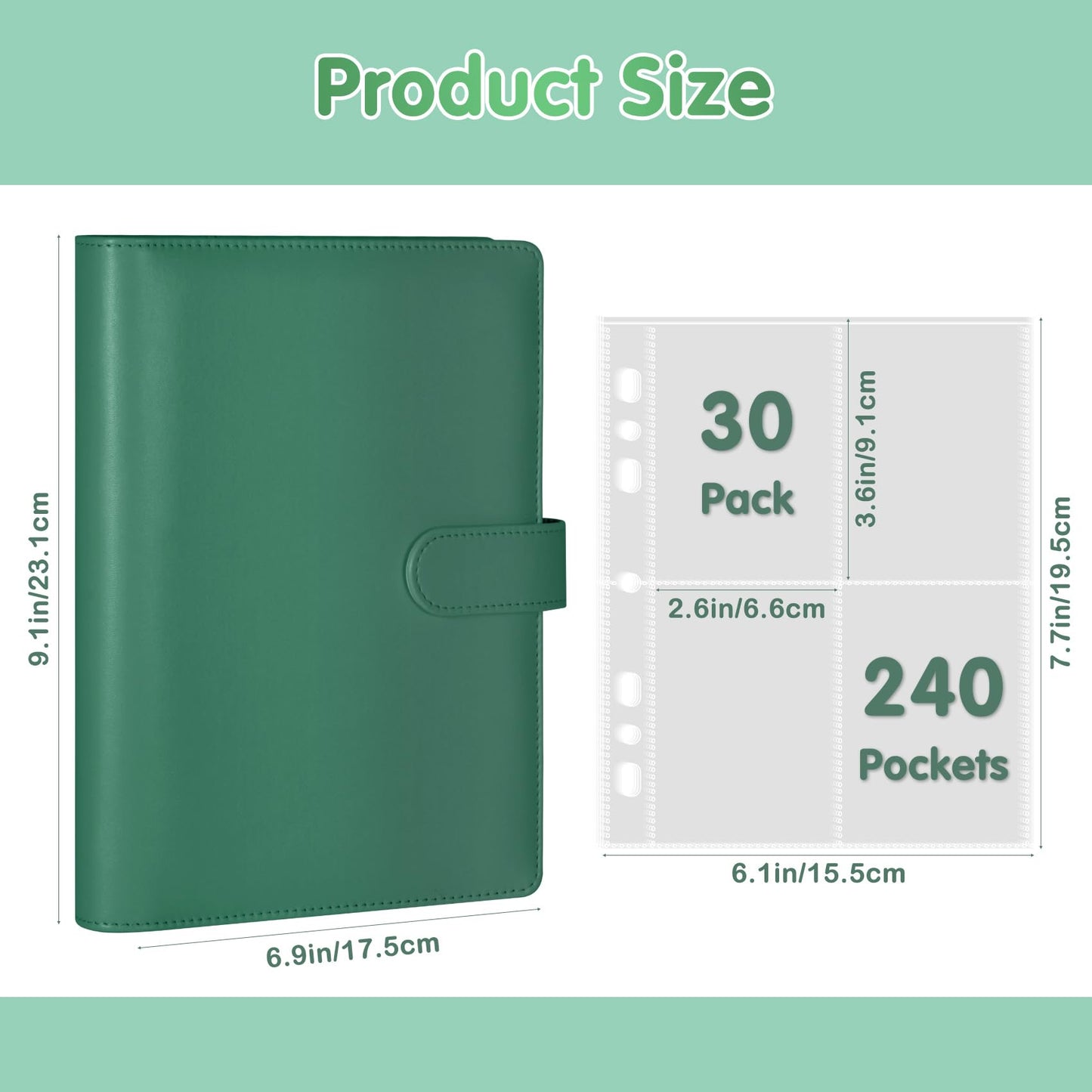 A5 Photocard Holder and Binder, PU Leather 6-Ring Album with Magnetic Closure, Includes 30 Pack 4-Pocket Pages for 240 Cards, Card Holder for Kpop, Trading, and ID Cards (Forest Green)