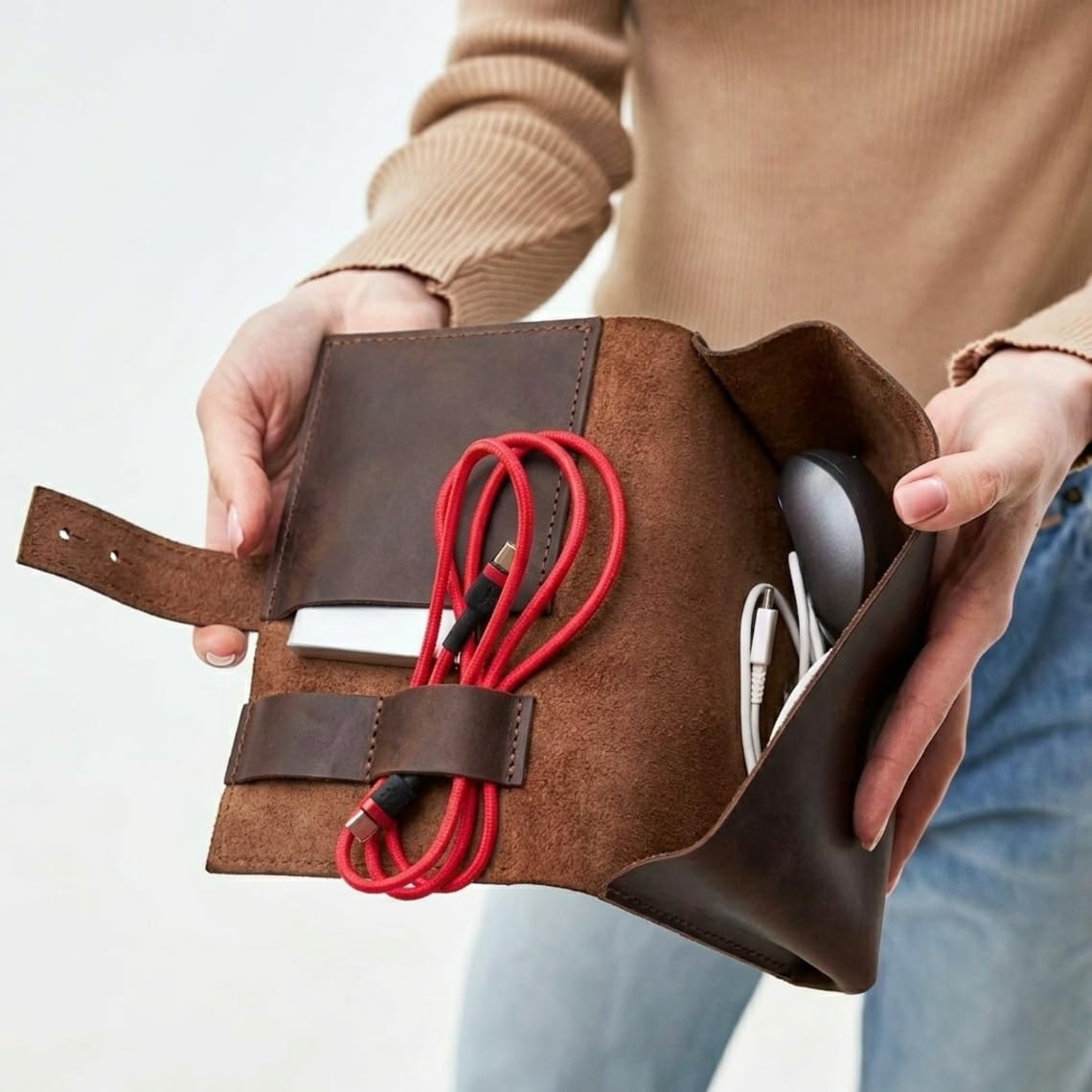 TORAKIP Leather Cable Case - Handmade Genuine Leather Cord Organizer Pouch, Travel Tech Accessories Bag for Chargers, Earphones & USB Cables, Compact Foldable Cable Holder, Brown