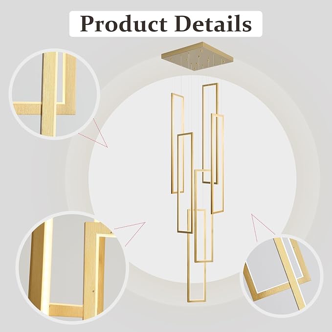 Flashing God Modern Chandelier,Gold Chandelier with 6 Ring Led Foyer Chandeliers,Larger High Ceiling Chandelier for Living Room,Square Chandelier for Entryway Staircase LED Dimming 2700k-6001k