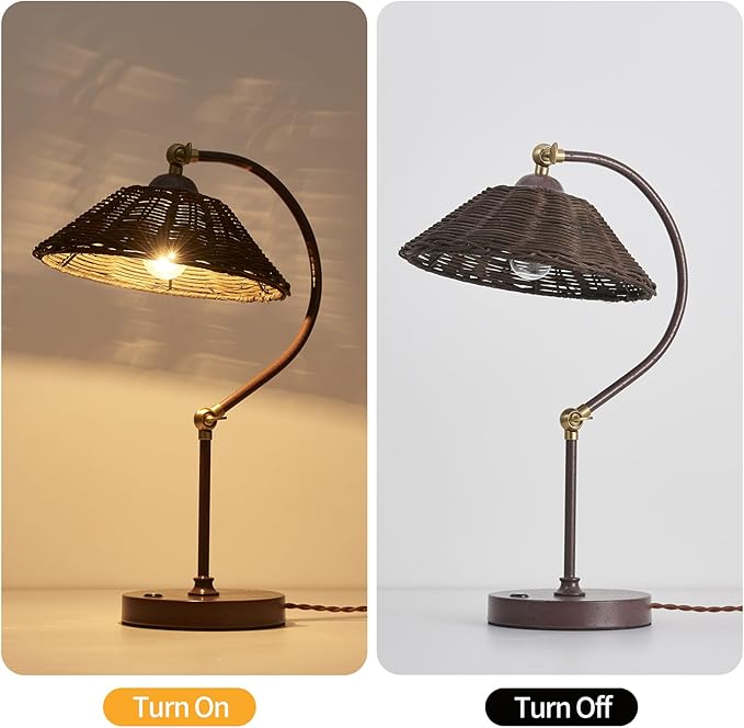 2 Pack Woven Rattan Bedside Table Lamp for Bedroom,Boho Plug in Handmade Rattan Shade&Anti-Rust Iron Base Desk Lamp,Plug & Play Vintage Dark Brown Nightstand Lamp for Living Room,Office【Bulb Included】