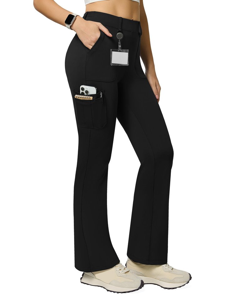 Women's Stretch Cargo Pants High Waist Bootcut Flare Leggings with 6 Pockets Soft Yoga Work Pants for Business Casual, Travel, Athletic Black(L)