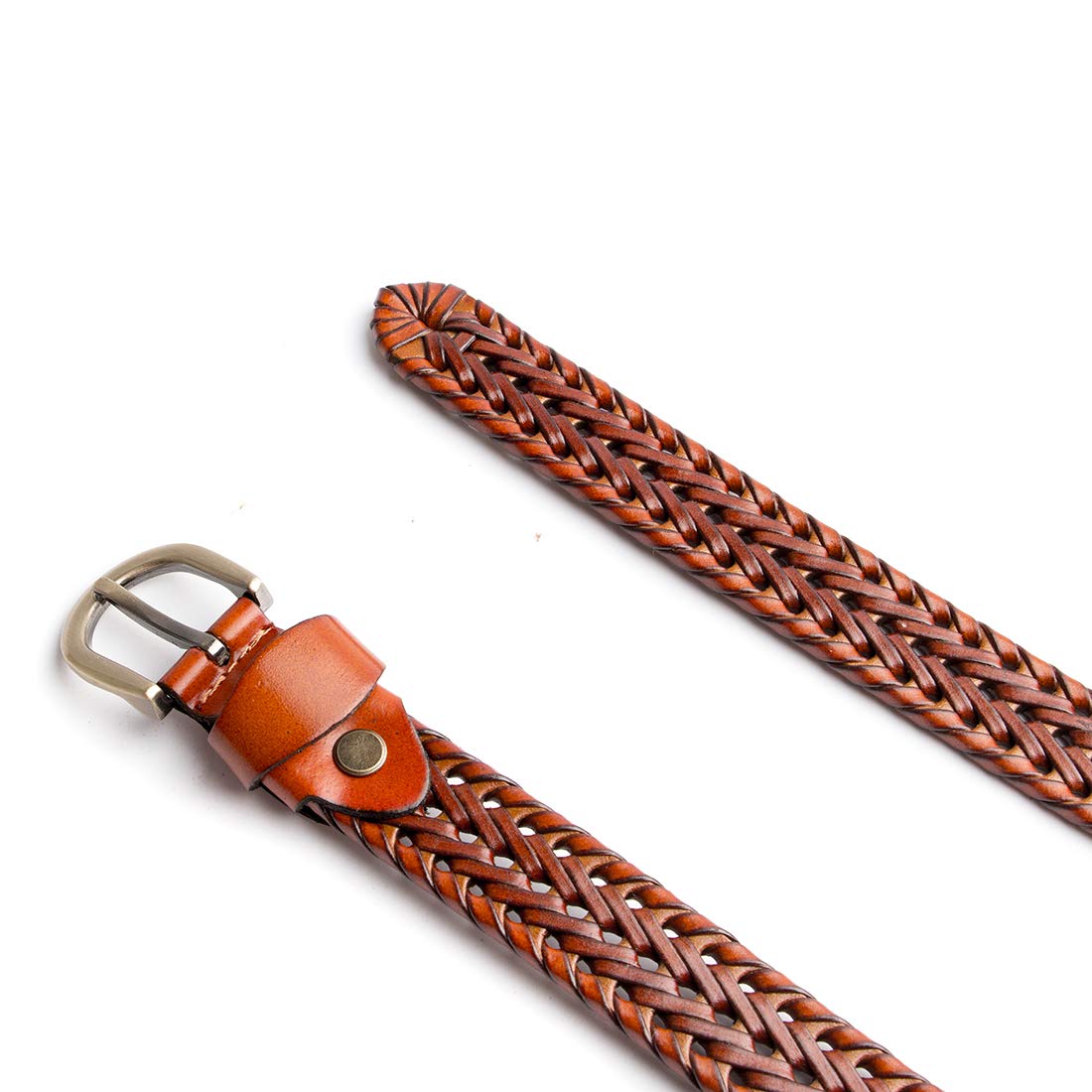 ECHAIN Women Braided Woven Genuine Leather Narrow Belt 25mm Wide (Brown, waist:35-40)