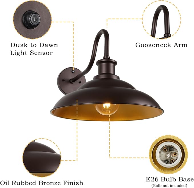 Dusk to Dawn Outdoor Gooseneck Barn Light Fixture, 16 Inch Dome Large Wall Sconce Farmhouse Exterior Wall Mount Light for House Garage Patio Doorway, 1 Pack