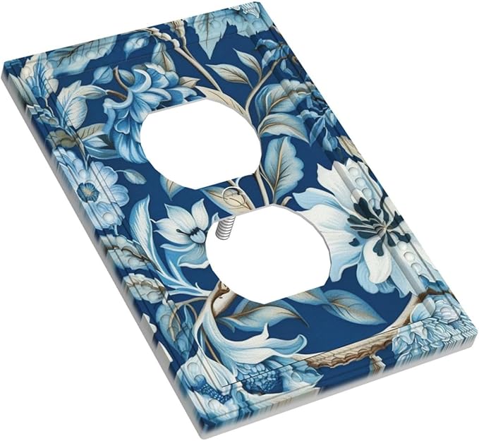 Blue Flowers Branches Leaves Floral Pattern Light Switch Cover 1 Gang Outlet Plate Single Duplex Wall Plate Covers Decorative Switchplate Covers Electrical Faceplate for Home Decor