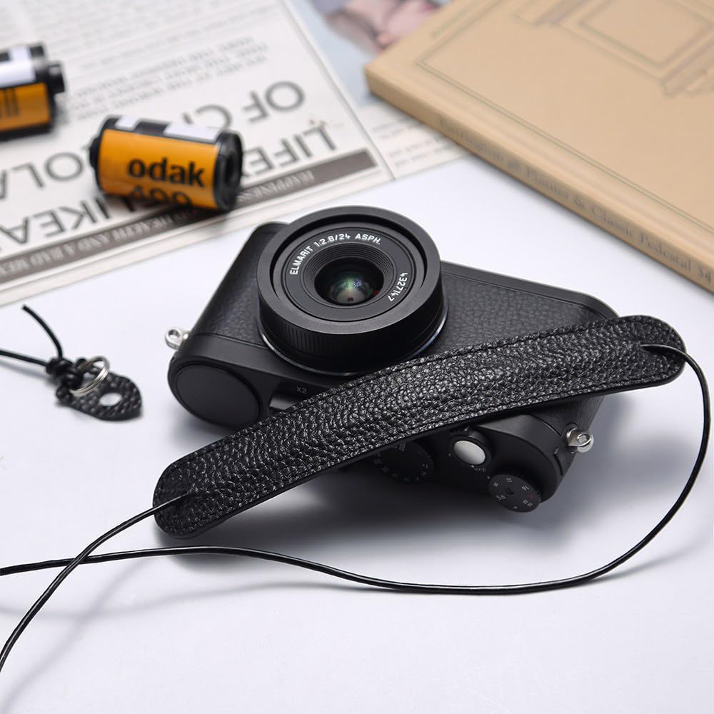 DBZZ Vintage Ultra-Thin Genuine Leather Camera Lanyard Cowhide Rope Neck Strap for Fujifilm X100VI X-HALF For Ricoh (Black)