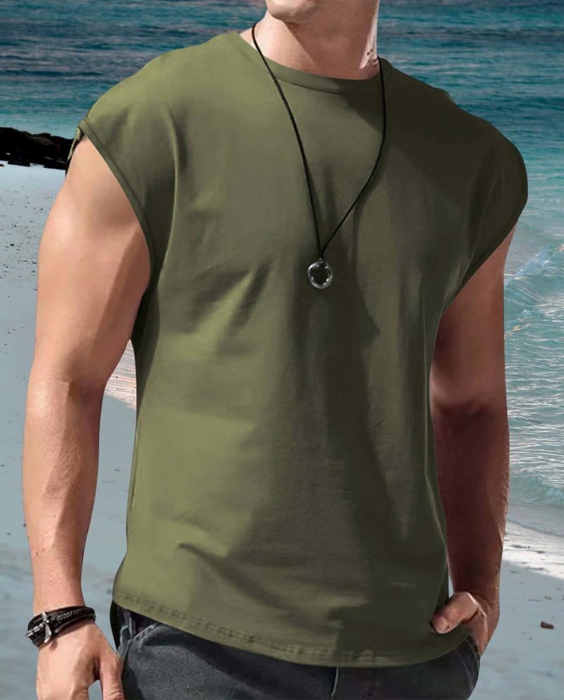 Grafumo Mens Workout Gym Tank Top Crew Neck Cap Sleeve Muscle Shirts Solid Trendy Casual Running Beach Loose Fit Tees Army Green