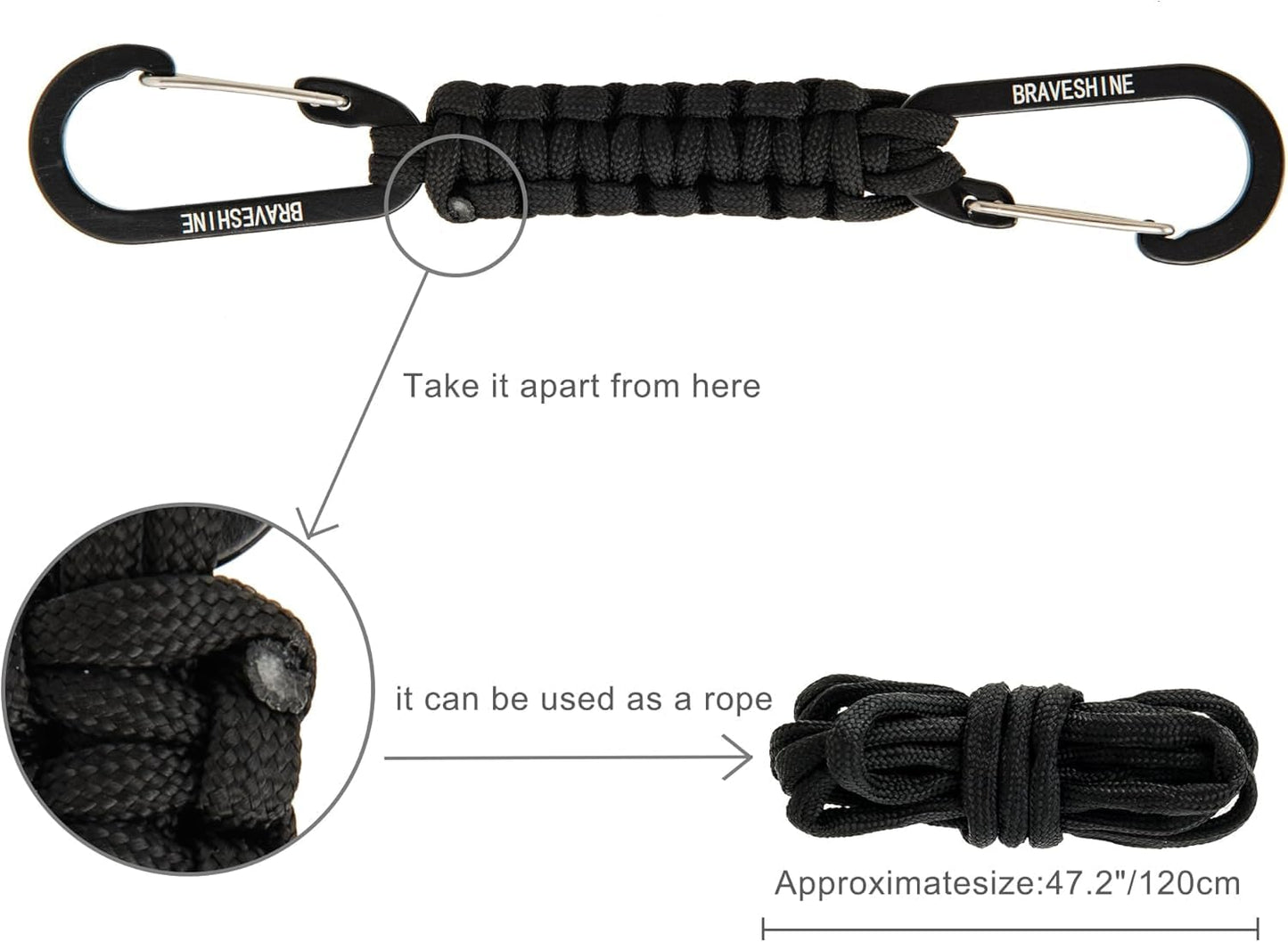 BRAVESHINE Carabiner Keychain Hook with Paracord Strap - 1 Black 1 Blue D Ring Key Clips Para Cord Lanyard Hanger Stroller Hooks for Water Bottle, Belt Loop Keys, Backpacks, Boys, Girls, Men, Women