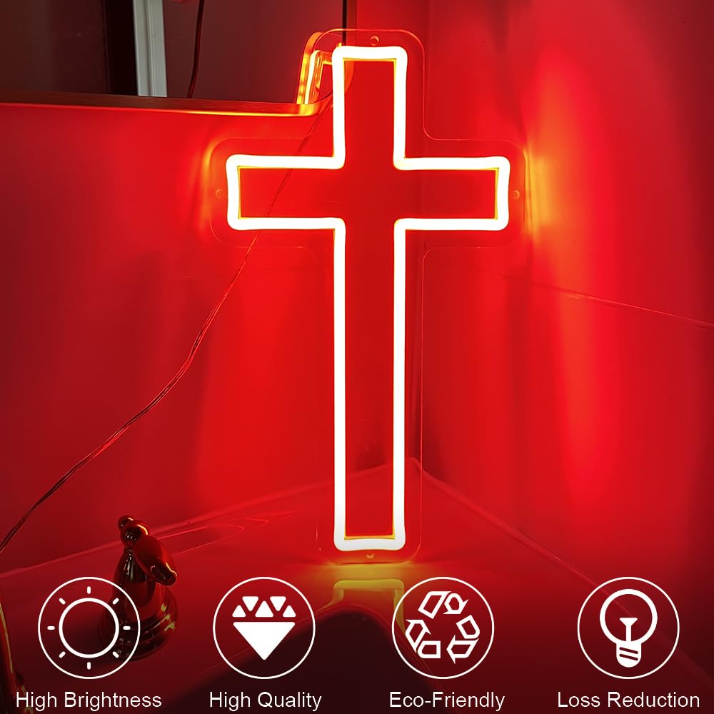 Jesus Cross Neon Sign Red Led Cross Lights Wall Decor Art Lamp Light-Upside Down Light Up Sign for Home Bedroom Christian Religious Room Easter Christmas
