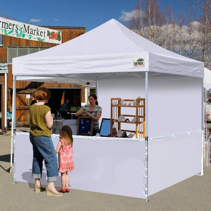 Eurmax USA 10'x10' Pop-up Booth Canopy Tent Commercial Instant Canopies with 1 Full Sidewall & 2 Half Walls and Roller Bag, with 4 SandBags + 2 Cross-Bar (White)
