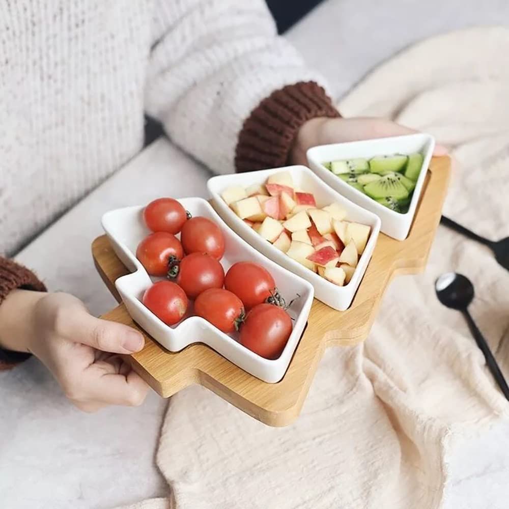 Bamboo Christmas Tree Tray, Ceramic Serving Dishes Set In Christmas Themed Design Serving Bowls for Parties, Perfect for Veggies, Candy and Snacks, White