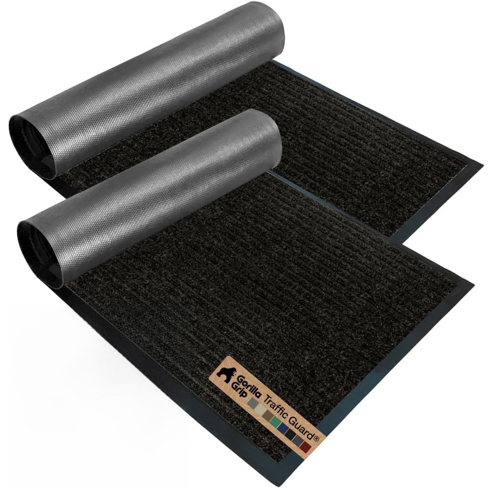 GORILLA GRIP Waterproof Traffic Guard Door Mat, 2 Pack, Indoor Outdoor Heavy Duty Entryway Mats, Strong Backing Commercial Utility Rugs, Office Hallway, Garage, Patio, Low Profile Runner, 29x17 Black