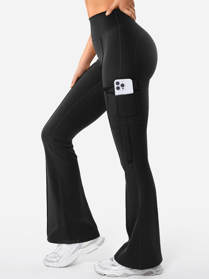 YEOREO Workout Flare Leggings with Pockets for Women Byenda Scrunch Butt Lifting Leggings Women No Front Seam Yoga Pants Black L