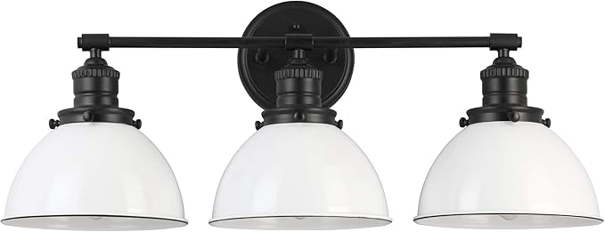 Design House Savannah Rustic Farmhouse 3-Light Bathroom Vanity Light, Dimmable, Matte Black, White Metal Shade, 26 in x 9 in x 10.88 in, 588301