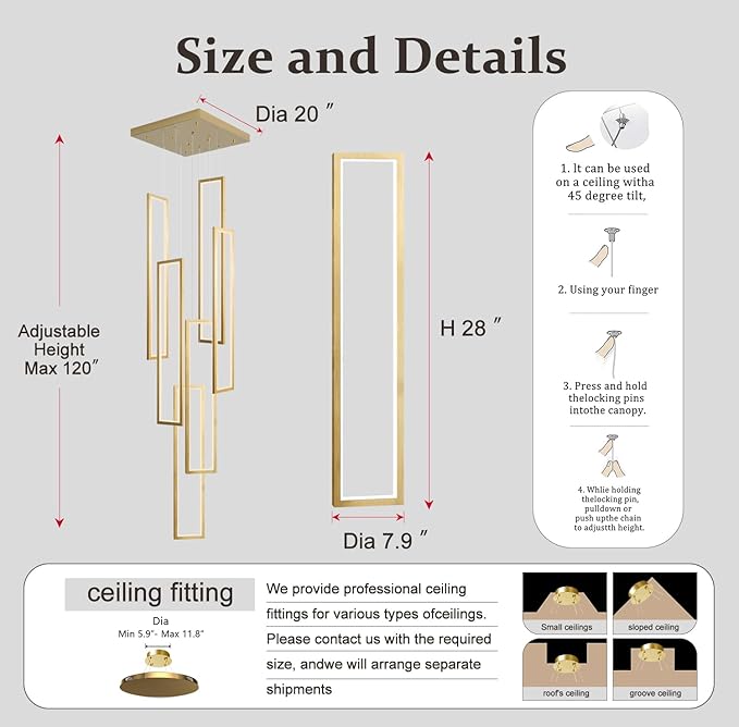 Flashing God Modern Chandelier,Gold Chandelier with 6 Ring Led Foyer Chandeliers,Larger High Ceiling Chandelier for Living Room,Square Chandelier for Entryway Staircase LED Dimming 2700k-6001k