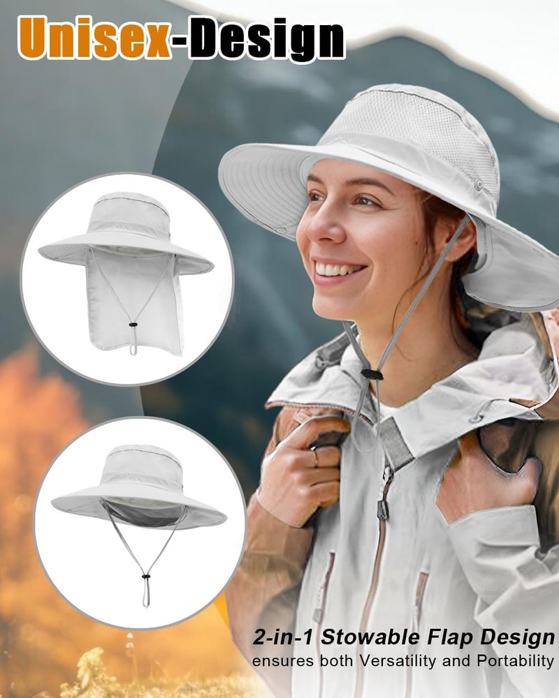 Outdoor Sun Hats with Stowable Neck Flap for Men Women UPF 50+ Mesh Summer Bucket Hat Wide Brim for Fishing Safari Hiking Light Grey