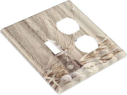 Decorative Light Switch Cover Plate Nautical Coastal Seashell Fishing Net Ocean Lighthouse Starfish 2 Gang Outlet Covers 1 Toggle 1 Duplex Wall Plate Electrical Switch Plate Covers for Bathroom Home