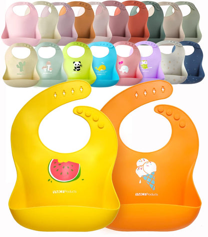 YMCF Products 2-Pack Waterproof Silicone Baby Bib Lightweight Comfortable Easy-Wipe Clean (Orange/Yellow, Small)