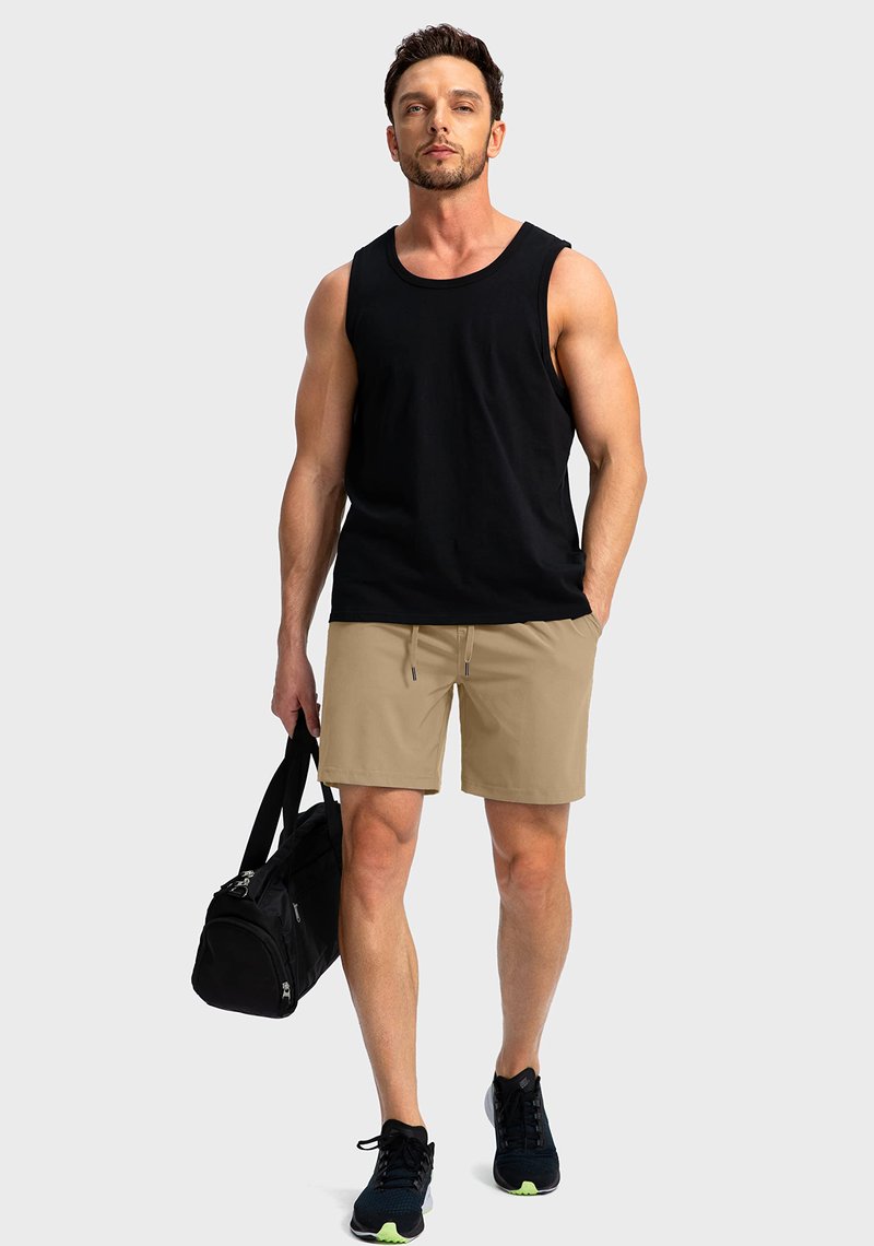 Soothfeel Men's Running Shorts with Zipper Pockets 7 Inch Lightweight Quick Dry Gym Athletic Workout Shorts for Men (Dark Khaki, S)