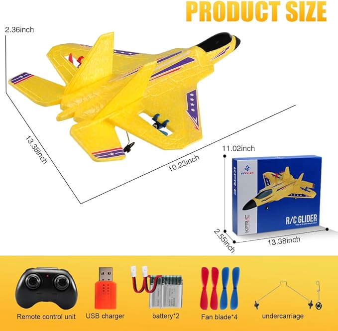 Fremego F22 RC Airplane 2.4GHz Remote Control Plane with Gyro Stabilizer LED Lights &amp Dual Batteries Easy Fly RC Glider for Kids Boys Adults Beginners(Yellow)