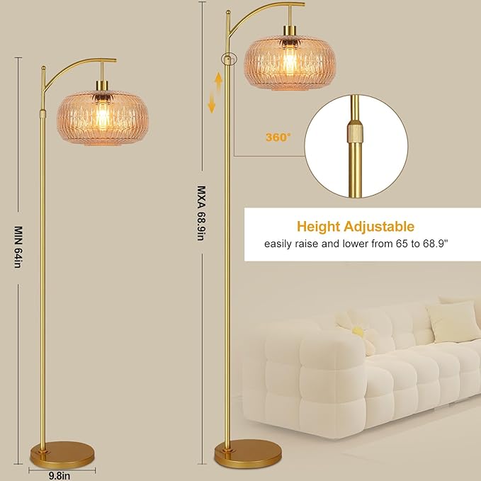 Glass Floor Lamp for Living Room,Bedroom,Gold Mid Century Modern Standing Lamp with Remote,Dimmable Brass Tall Lamp Amber Lamp Vintage Retro Arc Floor Lamps Floor Light Boho Bohemian
