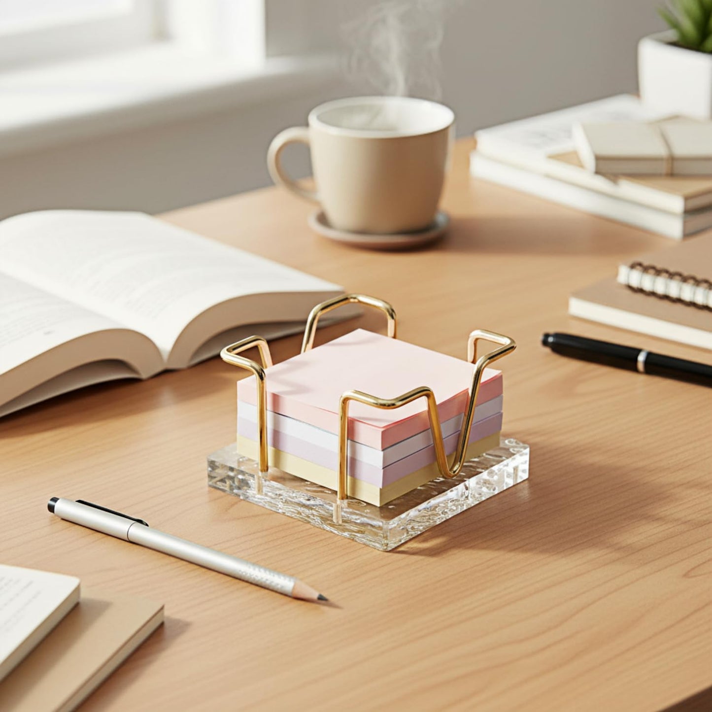 Acrylic Sticky Note Holder, 3 x 3 inch Self-Stick Note Memo Pad Holder for Desk, Notepad Dispenser Organizer for School Office Home, Gold
