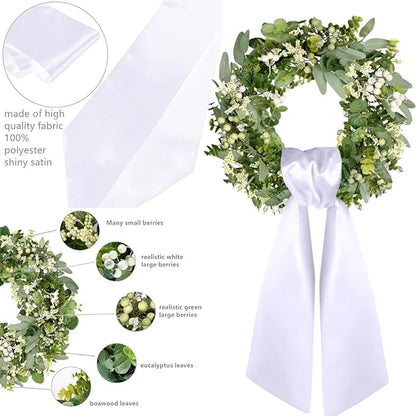 Spring Wreaths for Front Door 18" Eucalyptus Wreath and 56" x 4.5" Sash Decor Green Leaves Decorations Outside