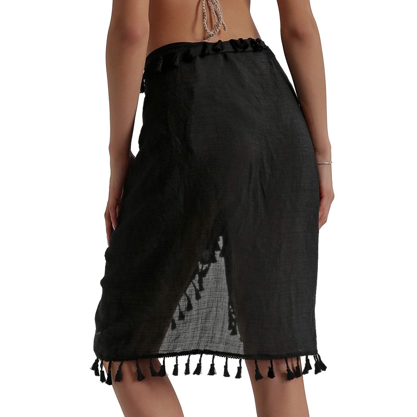 Eicolorte Beach Sarong Pareo Womens Semi-Sheer Swimwear Cover Ups Short Skirt with Tassels