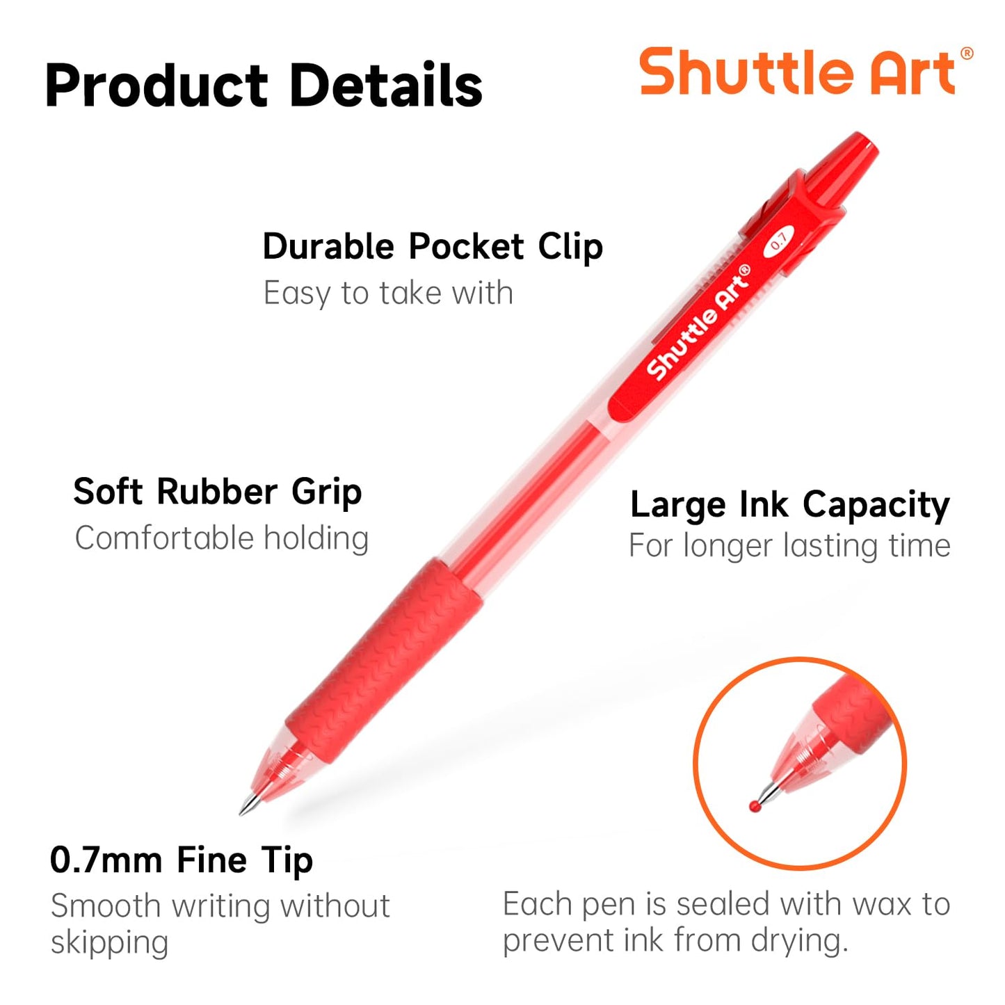 Shuttle Art Red Gel Pens, 20 Pack Retractable 0.7mm Medium Point Rollerball Red Ink Pens Smooth Writing with Comfortable Grip for Writing Journaling Taking Notes Office School Home