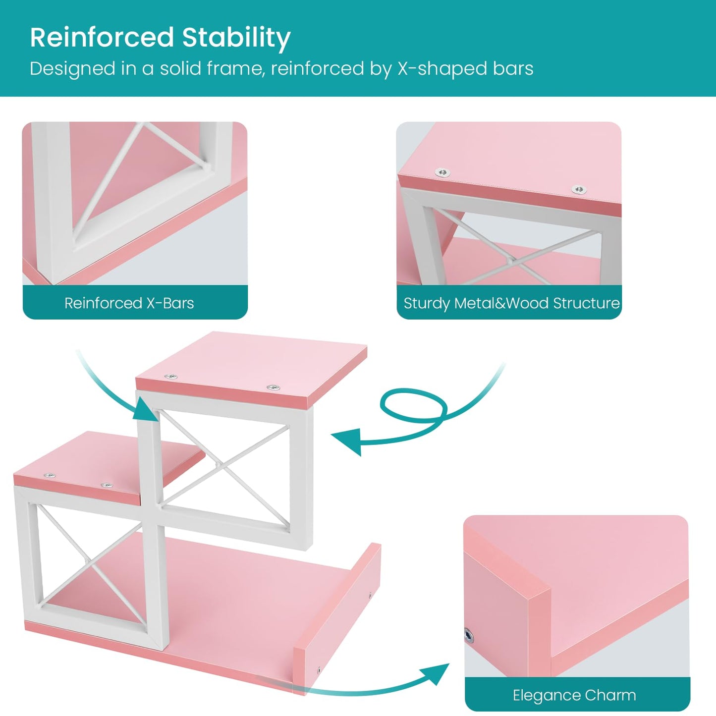 ELITEROO Desktop Shelf, Aesthetic Desk Organizer Table Top Mini Bookshelf, 3 Tier Wooden Desk Supplies Organizers and Storage Stand Cubicle Accessories for Women Office, Pink