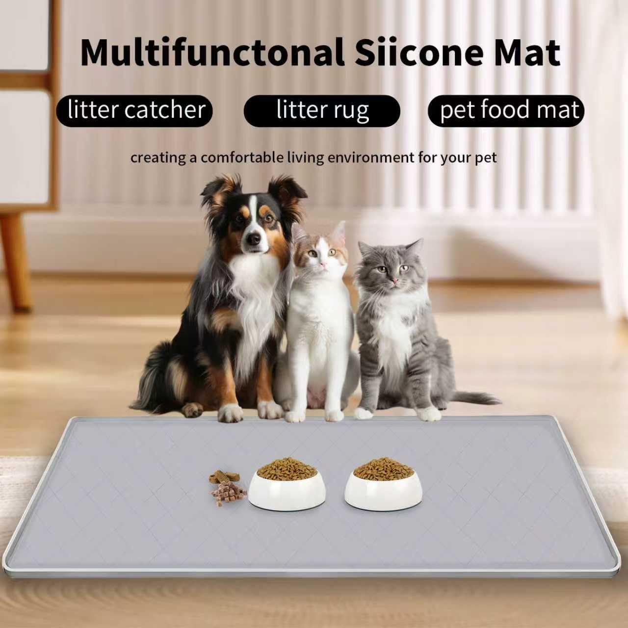 Cat Mat for Litter Box, Large 35" X 22" Cat Litter Mat, Indoor Waterproof Silicone Litter Trapping Pad for Floor, Soft on Kitty Paws, Easy to Clean, Non-Slip, Gray