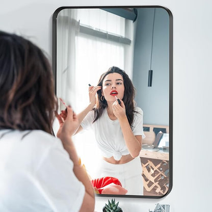 Wall Mount Mirror for Bathroom, Brush Black Metal Framed Rounded Corner Rectangular Vanity Mirror (16" x 20", Black)
