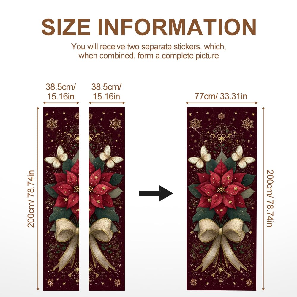 Elegant Poinsettia Door Mural Peel and Stick - Red Floral Holiday Door Covers Decorative with Golden Bow & Stars, Self-Adhesive Sticker for Door, 30.31 x 78.74 Inch