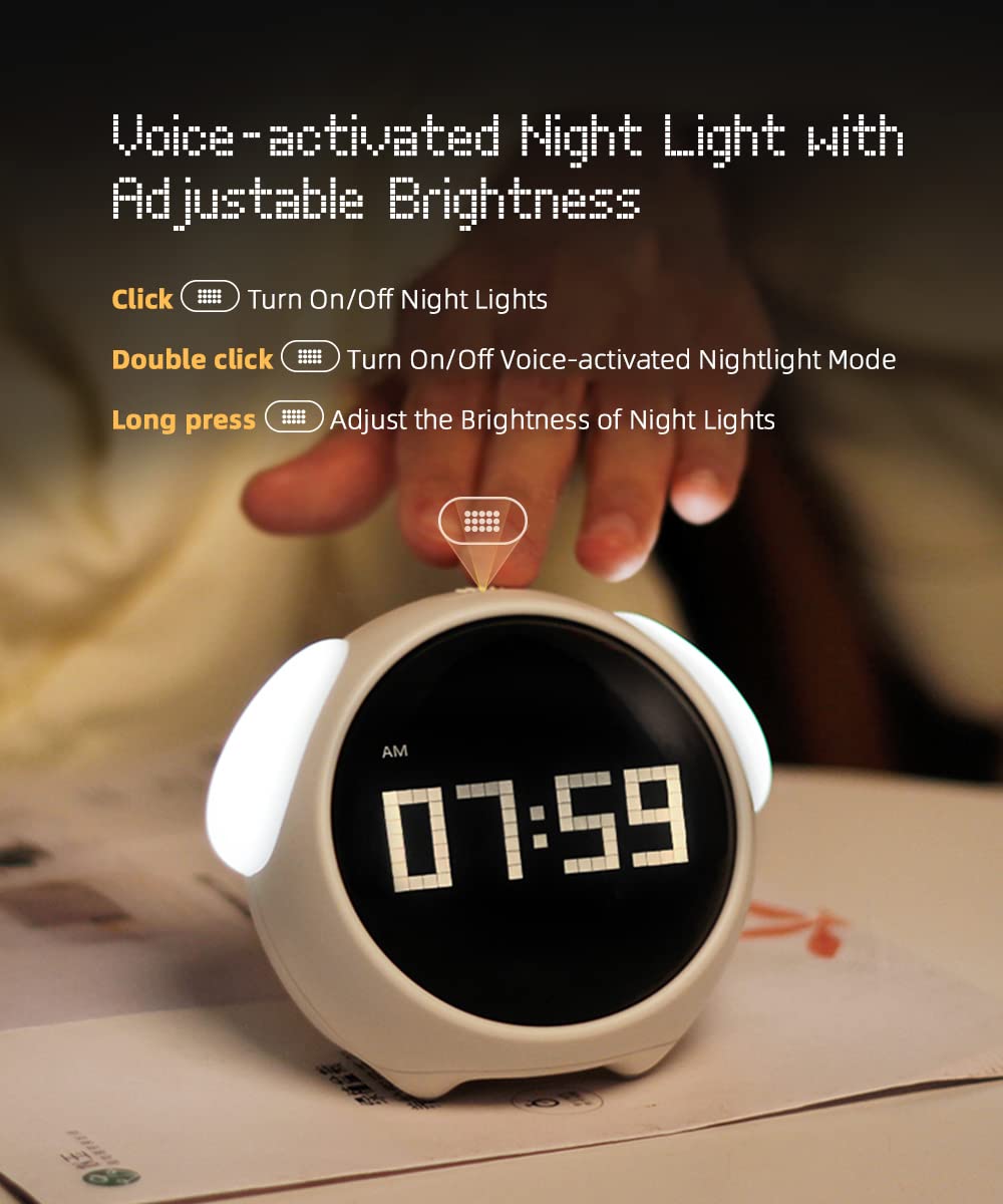 MikoDream Kids Alarm Clock, Dual Alarm Setting, Adjustable Brightness Night Light, Voice-Activated,Temperature Detection, Wake-up Alarm Clock, Toy and Gift for Toddler, Children, Students, Boys&Girls