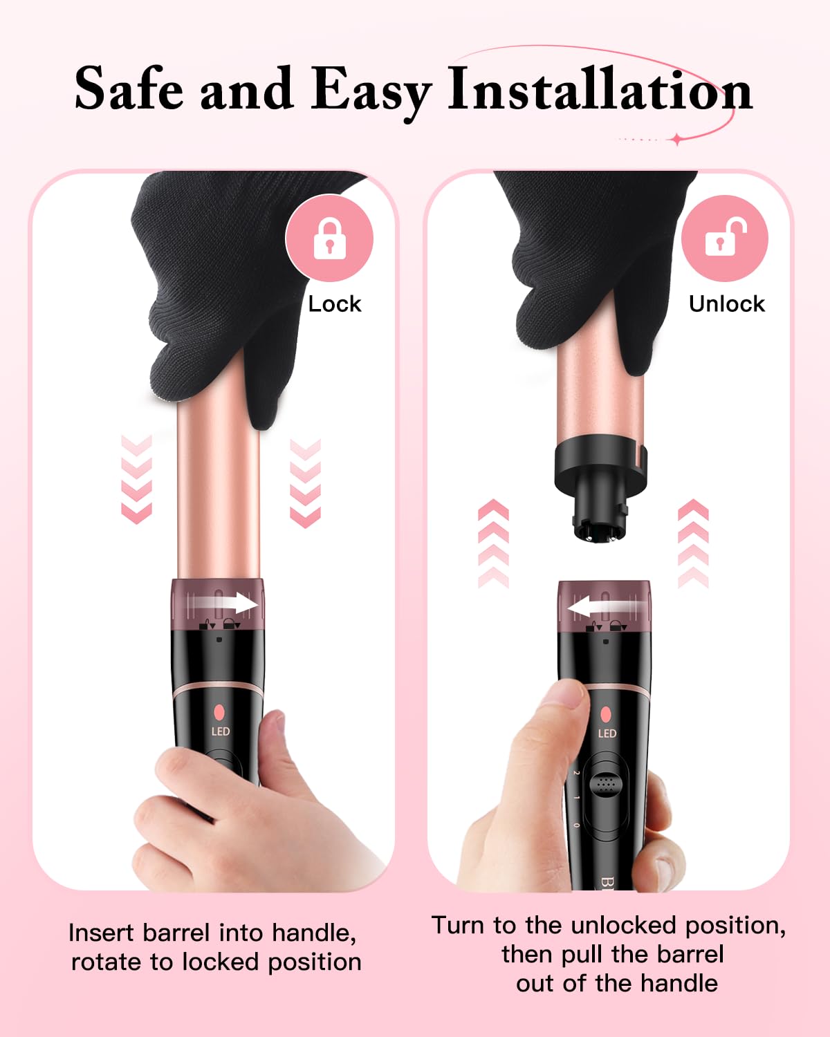 Long Barrel Curling Iron Wand Set, BESTOPE PRO 6 in 1 Curling Wand Set with Ceramic Barrel for Long/Medium Hair, 0.35"-1.25" Interchangeable Hair Wand Curler, Dual Volts, Include Glove & Clips - Black