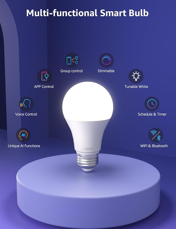 Lepro B1 AI Smart Light Bulbs - WiFi & Bluetooth RGBWW Color Changing LED Bulb Works with Alexa & Google Assistant, Personalized Al Lighting Designer, AI Voice Control, Music Sync, 2.4GHz Only, 2 Pack