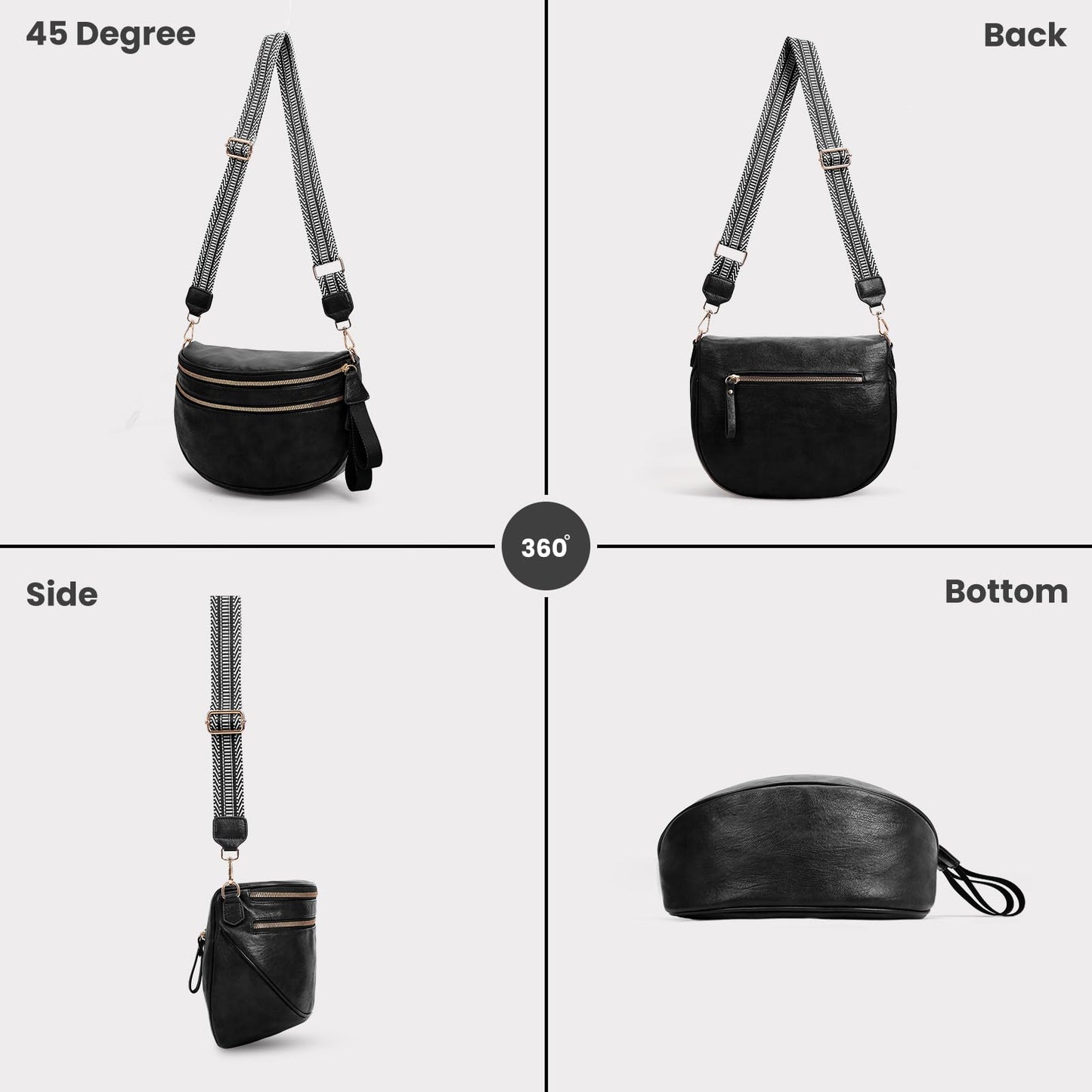 Leather Crossbody Fanny Pack Trendy Bum Bag Double Zip Multi Compartment with 2 Adjustable Straps Daily Belt Purse for Women