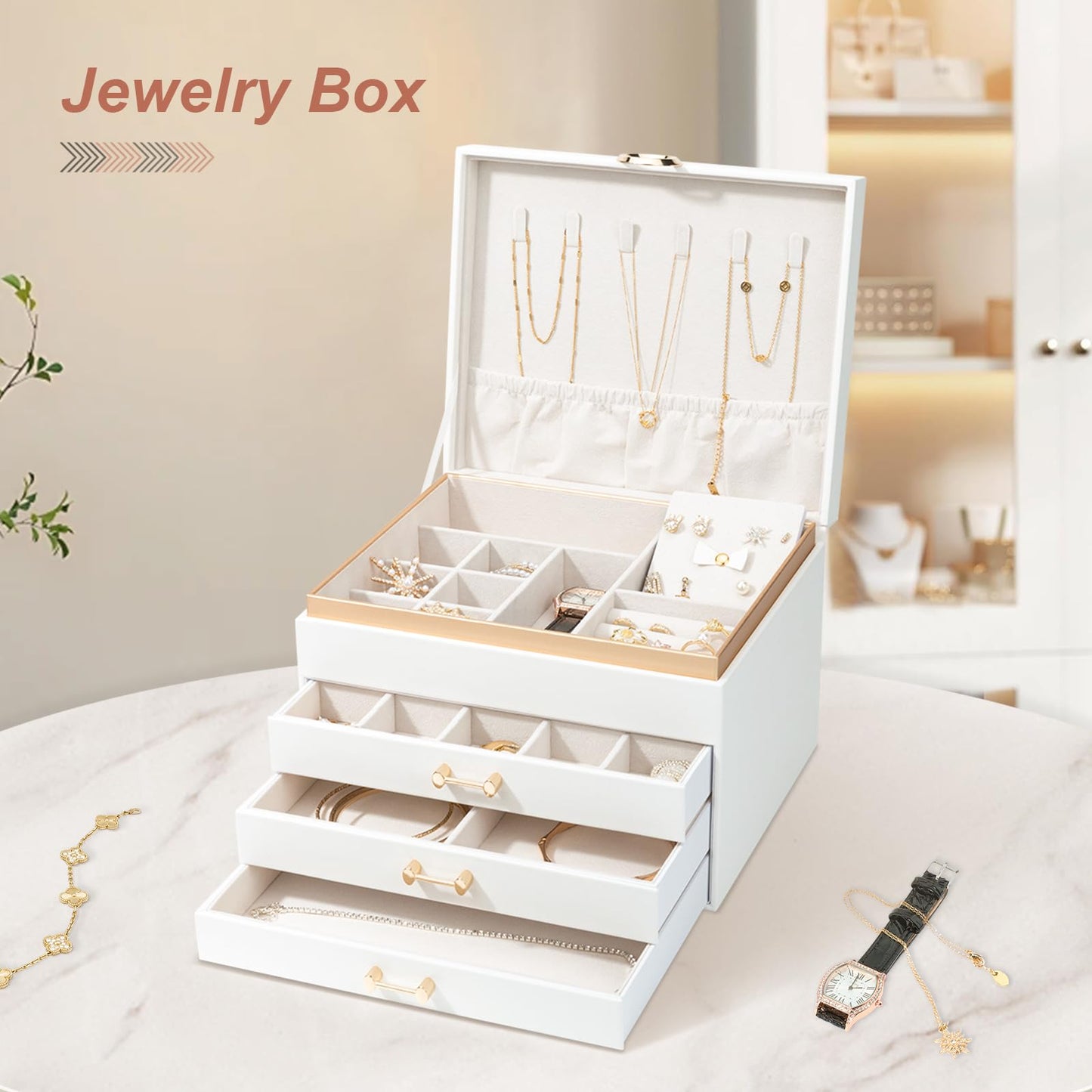 V-LAFUYLIFE Jewelry Box for Women,4-Layer Leather Jewelry Holder Organizer with 3 Drawers Large Jewelry Storage Boxes, Lots of Storage Space For Ring,Necklace,Bracelets,Earring（White）