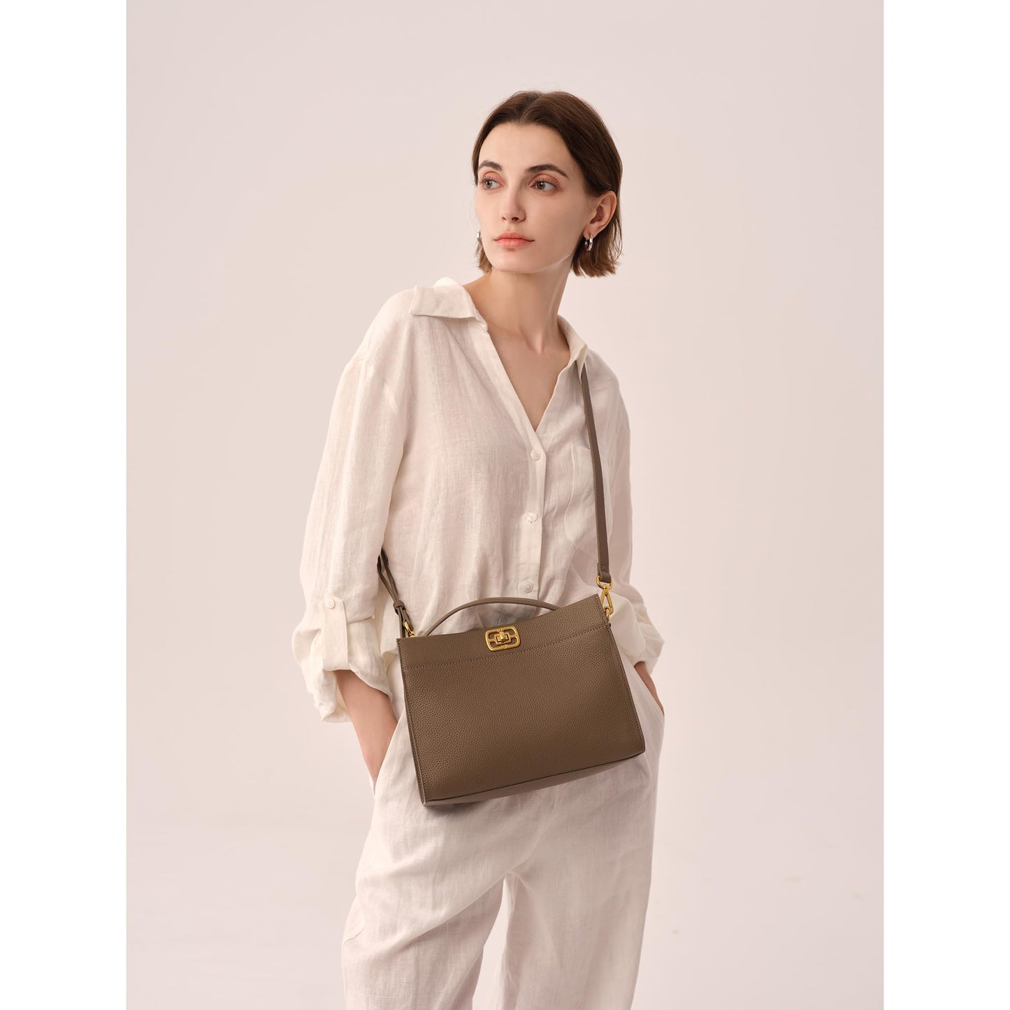 ELLE Women's Structured Full Grain Leather Top Handle Bag with Detachable Strap