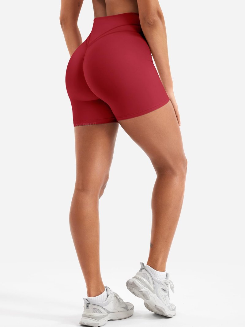 YEOREO Women Workout Yoga Shorts 4.5" No Front Seam Hidden Scrunch Almiy High Rise Buttery Biker Shorts Red S