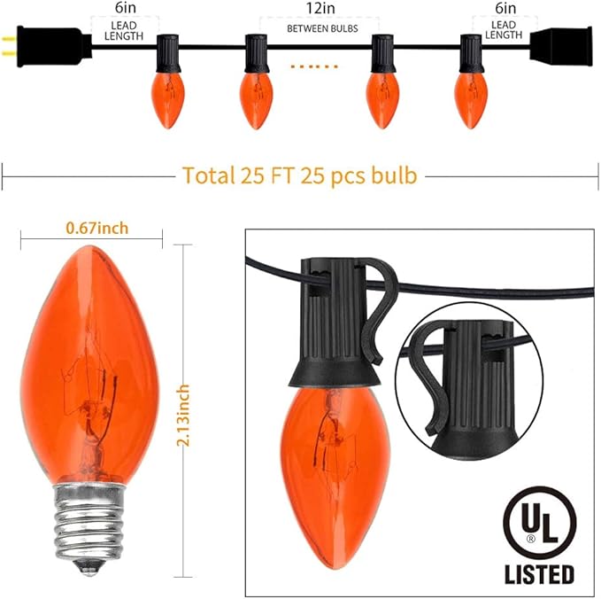 C7 Halloween Orange String Lights, 25Ft Outdoor Halloween Decorations Lights with 27 Clear Orange Bulbs, Vintage Christmas Lights for Roofline Patio Cafe Party Decor- Black Wire