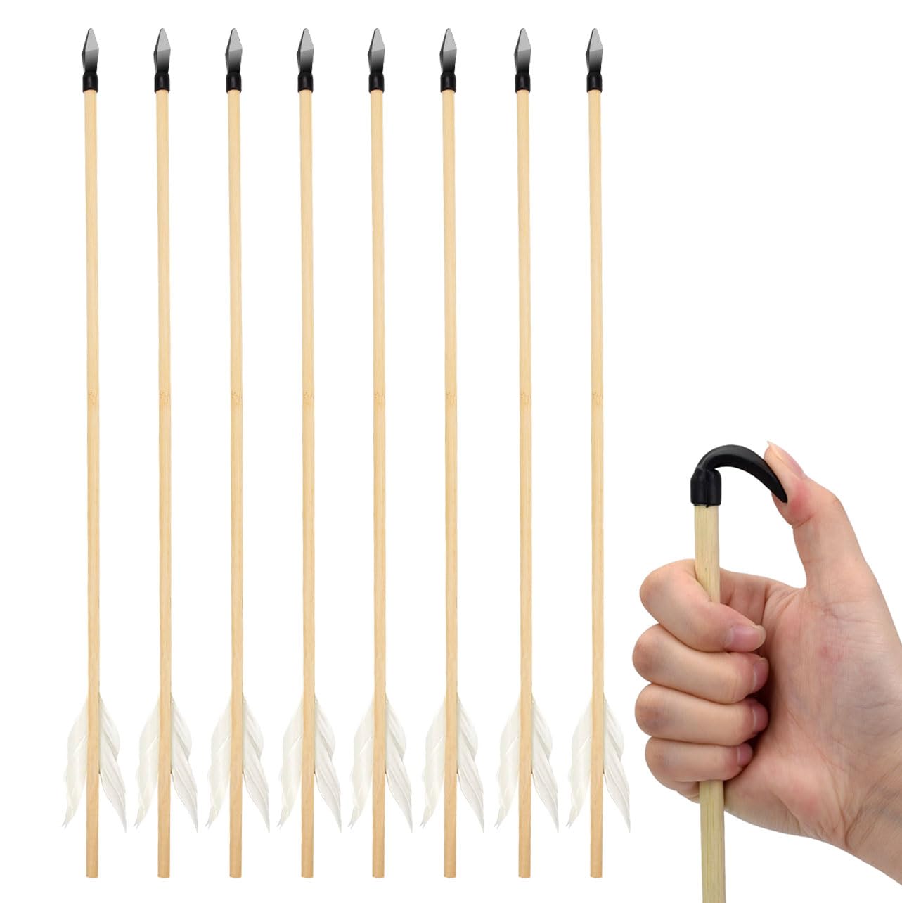 Basbon 8 Pcs Wooden Feather Arrows Soft Rubber Tips, 17 Inch Handmade Wooden Toy Arrow for Kids and Beginners, Archery Bows Outdoor Play Cosplay Costume Decoration