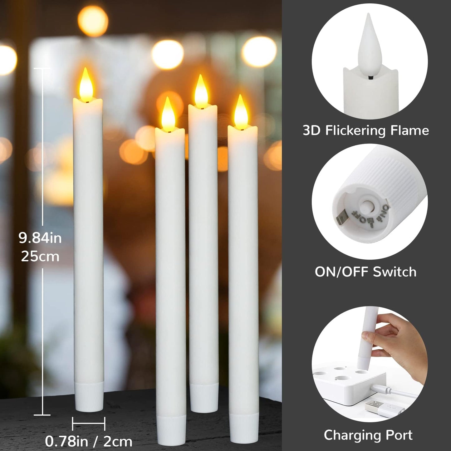 PChero Rechargeable Taper Candles with Remote Timer, 9.8 Inches Real Wax Flameless LED Tapered Candles USB Chargeable for Fireplace Xmas Holiday Home Decor, 2 H Charge/130 H Work Time
